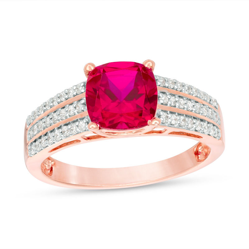 Main Image 3 of 7.0mm Cushion-Cut Lab-Created Ruby and 1/4 CT. T.W. Diamond Triple Row Ring in 10K White, Yellow or Rose Gold