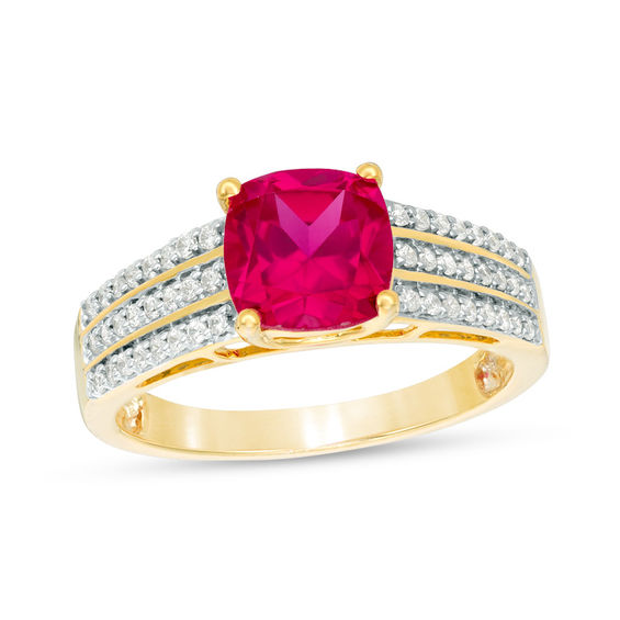 7.0mm Cushion-Cut Lab-Created Ruby and 1/4 CT. T.w. Diamond Triple Row Ring in 10K White, Yellow or Rose Gold