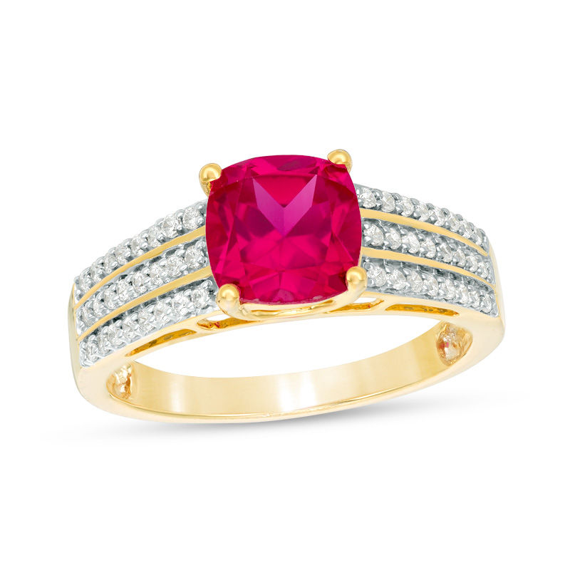 7.0mm Cushion-Cut Lab-Created Ruby and 1/4 CT. T.W. Diamond Triple Row Ring in 10K White, Yellow or Rose Gold