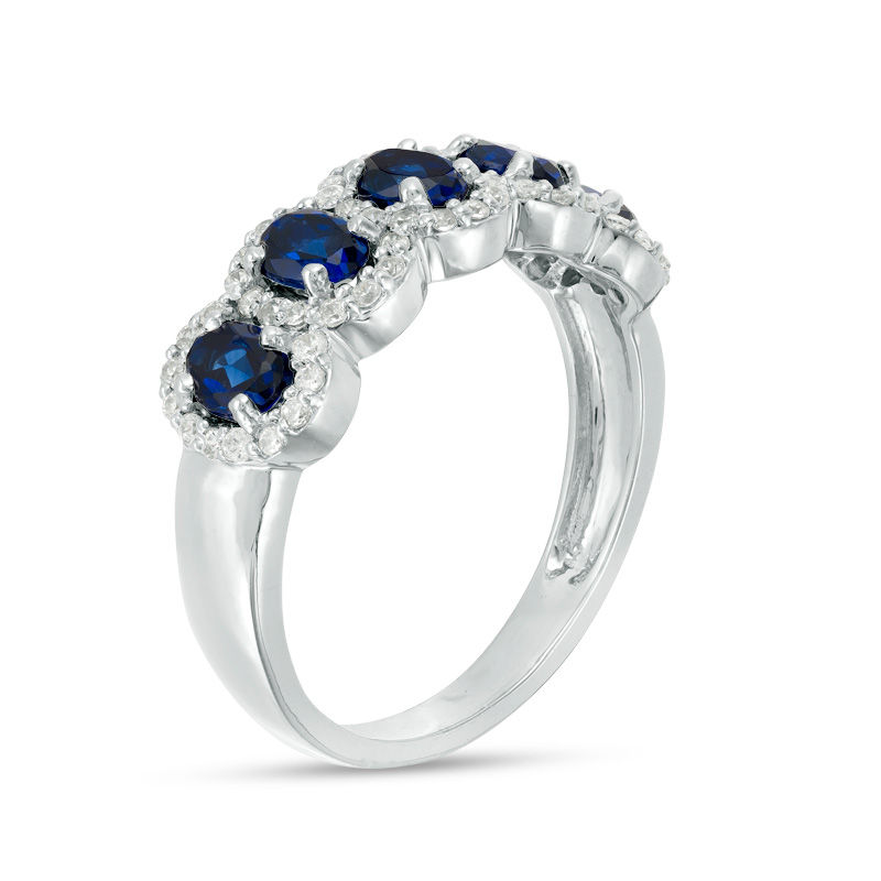 Main Image 2 of Oval Lab-Created Blue Sapphire and 1/3 CT. T.W. Diamond Frame Five Stone Ring in 10K White Gold