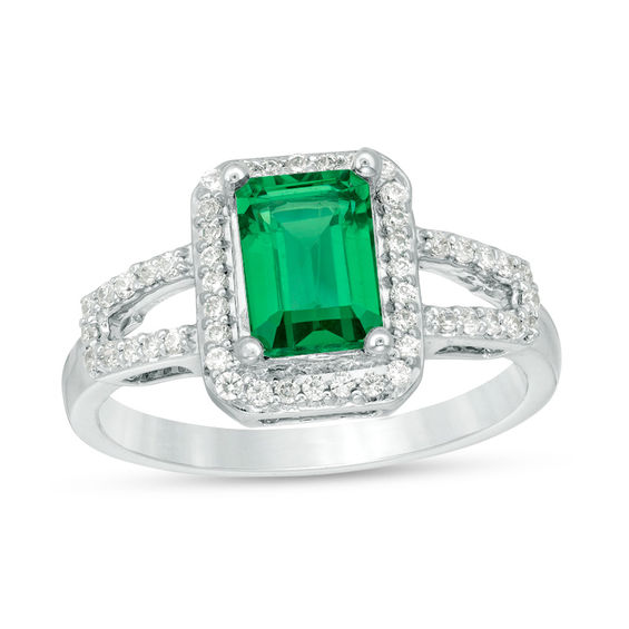 Emerald-Cut Lab-Created Emerald and 1/4 CT. T.w. Diamond Frame Open Shank Ring in 10K White, Yellow or Rose Gold