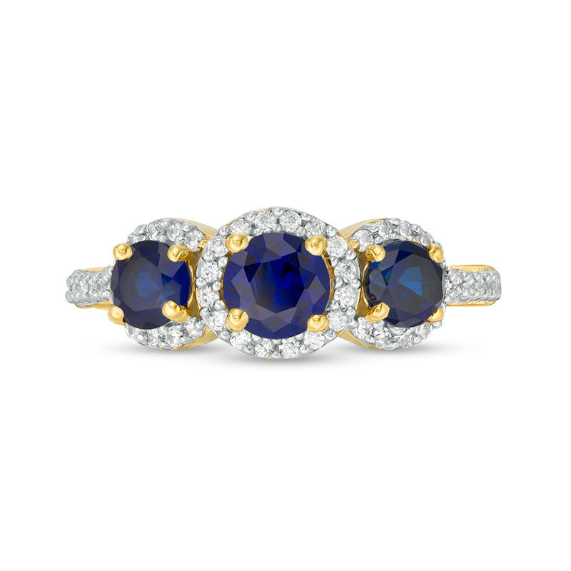 LabCreated Blue Sapphire and 1/4 CT. T.W. Diamond Frame Three Stone