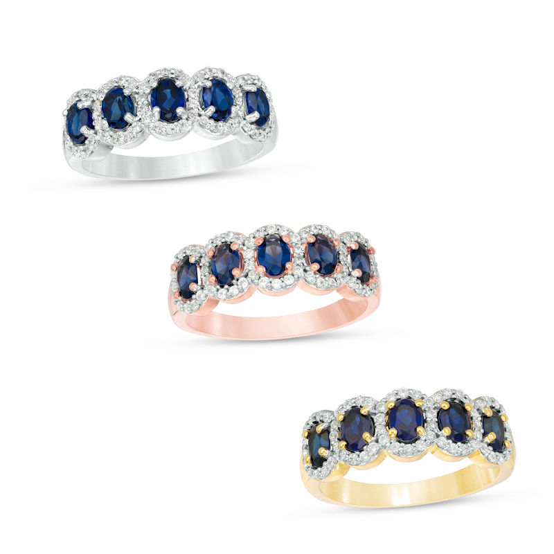 Main Image 1 of Oval Lab-Created Blue Sapphire and 1/3 CT. T.W. Diamond Frame Five Stone Ring in 10K White, Yellow or Rose Gold
