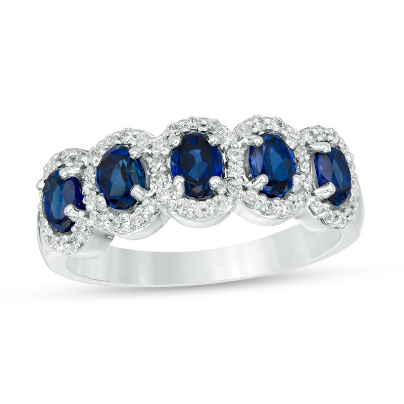 Main Image 2 of Oval Lab-Created Blue Sapphire and 1/3 CT. T.W. Diamond Frame Five Stone Ring in 10K White, Yellow or Rose Gold
