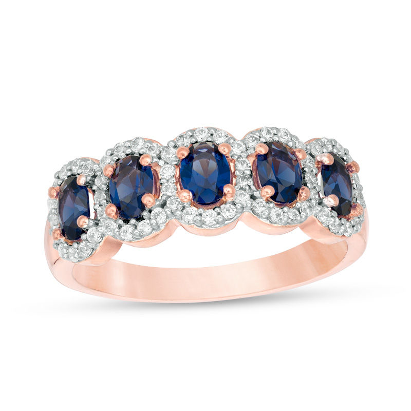 Main Image 3 of Oval Lab-Created Blue Sapphire and 1/3 CT. T.W. Diamond Frame Five Stone Ring in 10K White, Yellow or Rose Gold