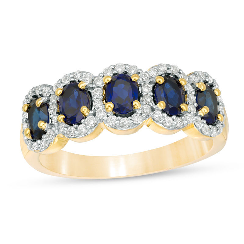 Main Image 4 of Oval Lab-Created Blue Sapphire and 1/3 CT. T.W. Diamond Frame Five Stone Ring in 10K White, Yellow or Rose Gold