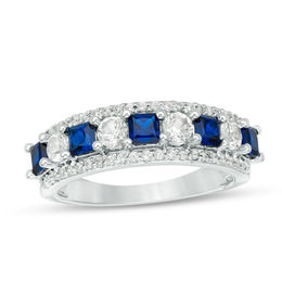 Princess-Cut Lab-Created Blue and White Sapphire with 1/4 CT. T.W. Diamond Alternating Motif Ring in 10K White Gold