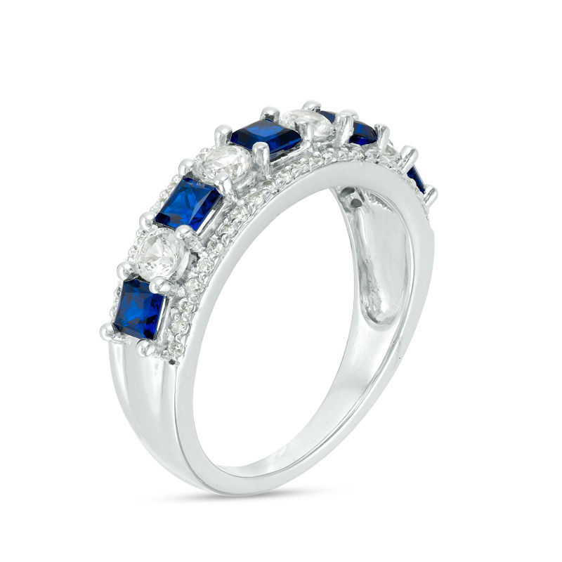 Main Image 2 of Princess-Cut Lab-Created Blue and White Sapphire with 1/4 CT. T.W. Diamond Alternating Motif Ring in 10K White Gold
