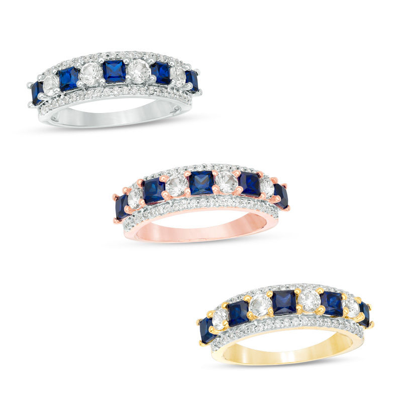 Main Image 1 of Princess-Cut Lab-Created Blue and White Sapphire with 1/4 CT. T.W. Diamond Ring in 10K White, Yellow or Rose Gold