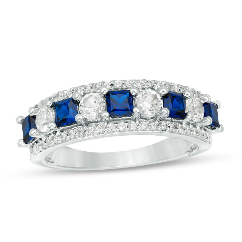 Main Image 2 of Princess-Cut Lab-Created Blue and White Sapphire with 1/4 CT. T.W. Diamond Ring in 10K White, Yellow or Rose Gold