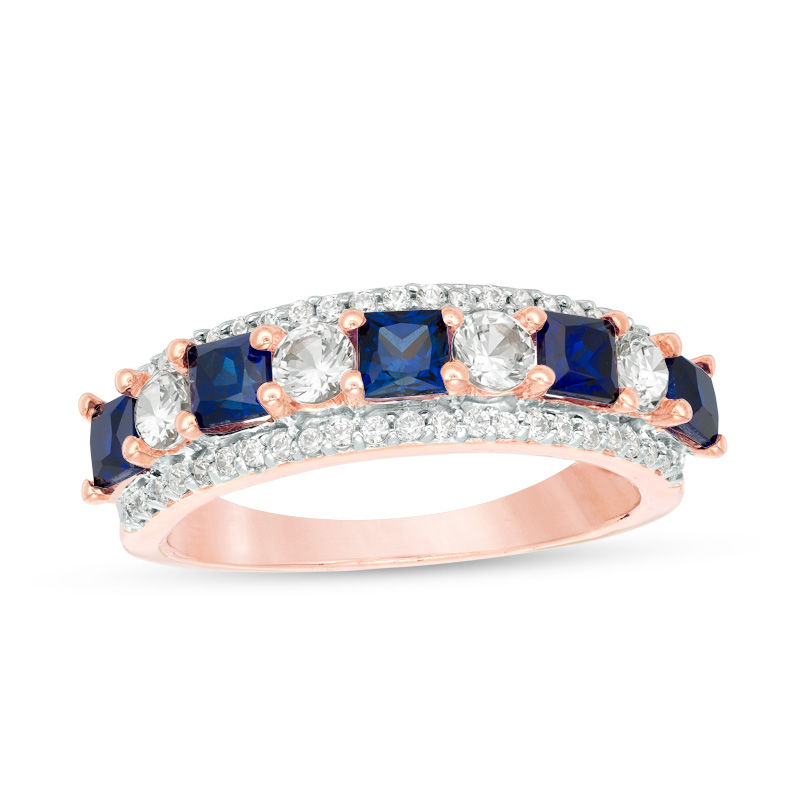 Main Image 3 of Princess-Cut Lab-Created Blue and White Sapphire with 1/4 CT. T.W. Diamond Ring in 10K White, Yellow or Rose Gold