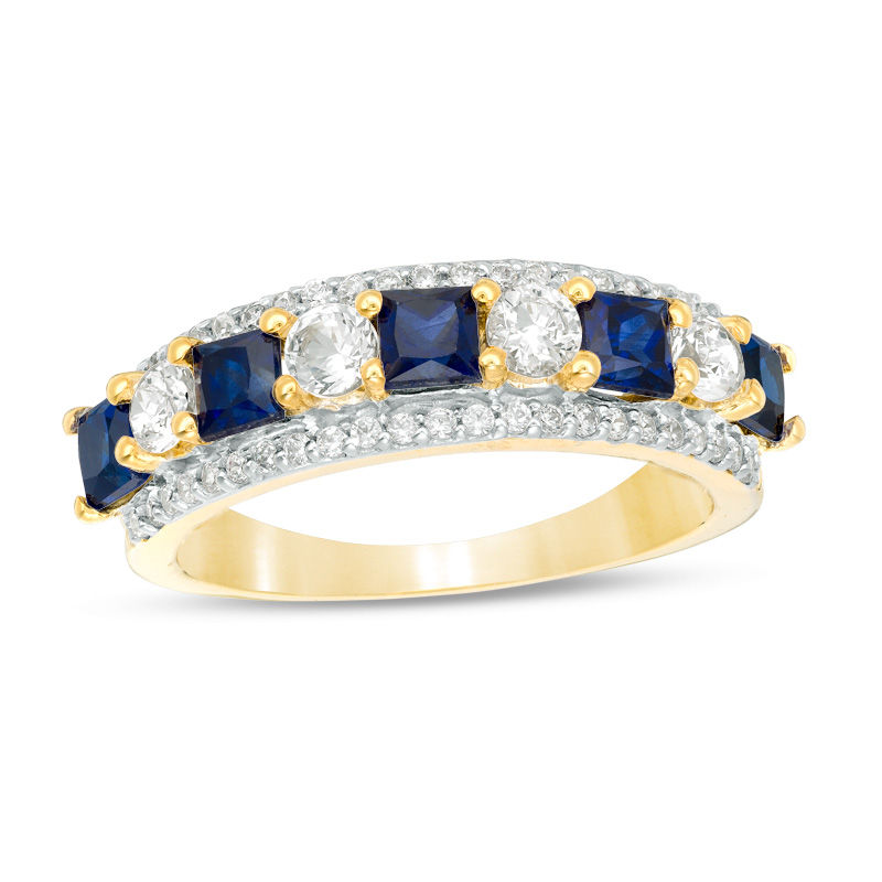 Main Image 4 of Princess-Cut Lab-Created Blue and White Sapphire with 1/4 CT. T.W. Diamond Ring in 10K White, Yellow or Rose Gold