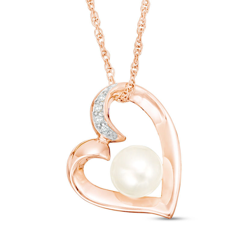 Main Image 1 of Freshwater Cultured Pearl and Lab-Created White Sapphire Heart Pendant in Sterling Silver with 14K Rose Gold Plate