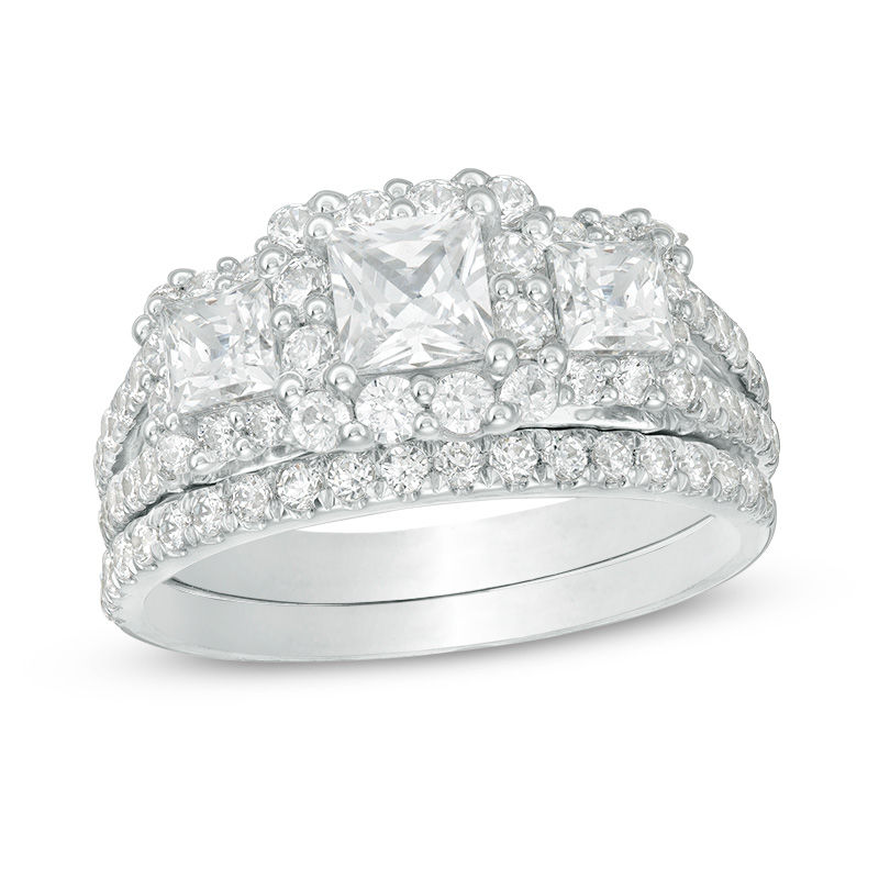 2 1 5 Ct T W Princess Cut Diamond Three Stone Frame Bridal Set In T W Princess Cut Diamond Three Stone Frame Bridal Set In 14k White Gold