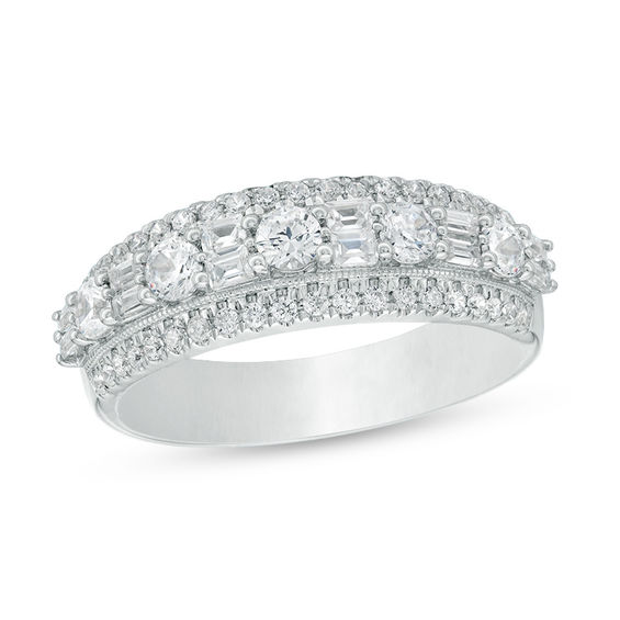 1 CT. T.w. Baguette and Round Diamond Alternating Vintage-Style Anniversary Band in 14K White Gold