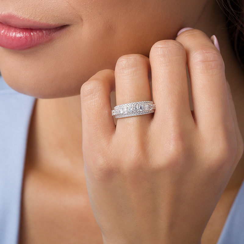 Main Image 2 of 1 CT. T.W. Baguette and Round Diamond Alternating Vintage-Style Anniversary Band in 14K White Gold