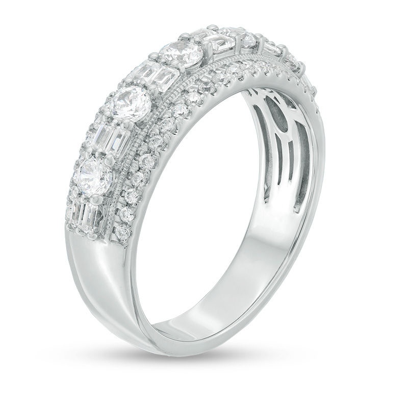 Main Image 3 of 1 CT. T.W. Baguette and Round Diamond Alternating Vintage-Style Anniversary Band in 14K White Gold