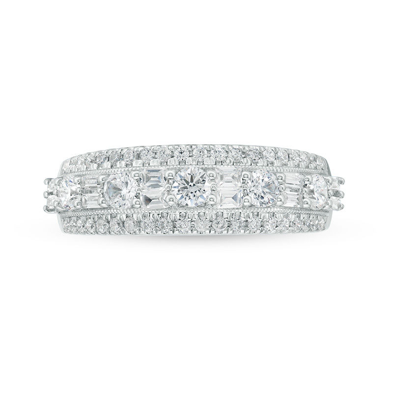 Main Image 4 of 1 CT. T.W. Baguette and Round Diamond Alternating Vintage-Style Anniversary Band in 14K White Gold