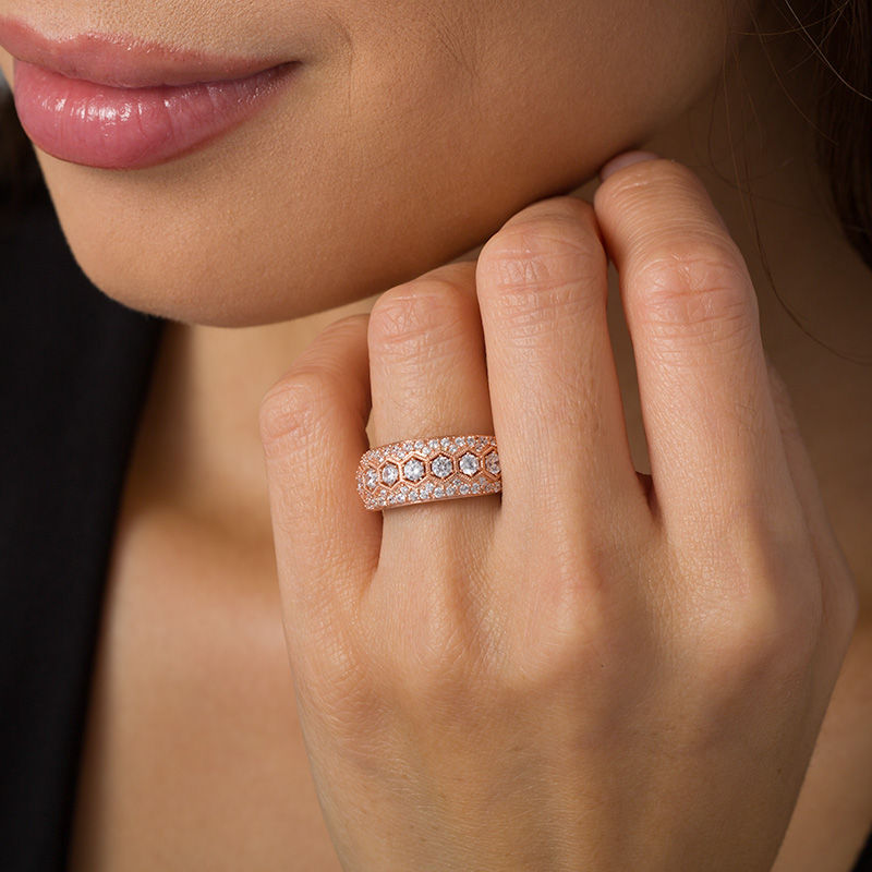 Main Image 2 of 1 CT. T.W. Diamond Seven Stone Hexagon Frame Vintage-Style Anniversary Band in 10K Rose Gold