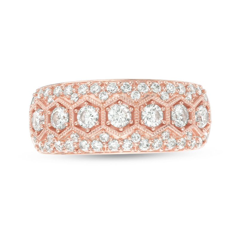 Main Image 4 of 1 CT. T.W. Diamond Seven Stone Hexagon Frame Vintage-Style Anniversary Band in 10K Rose Gold