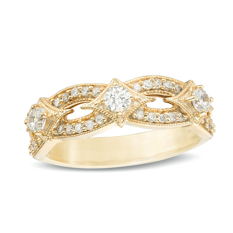 Main Image 1 of 1/2 CT. T.W. Diamond Three Stone Contour Vintage-Style Anniversary Band in 14K Gold