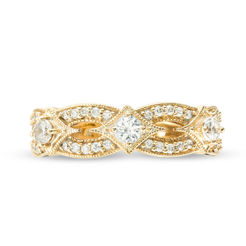 Main Image 4 of 1/2 CT. T.W. Diamond Three Stone Contour Vintage-Style Anniversary Band in 14K Gold