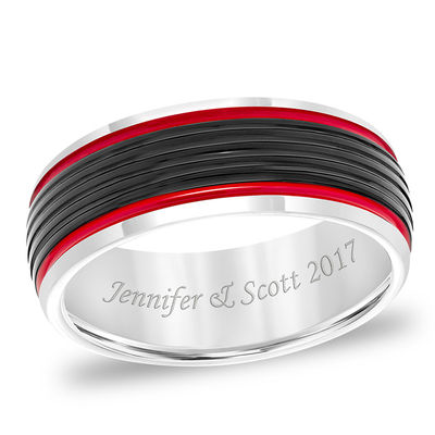 Men S 8 0mm Multi Groove Comfort Fit Wedding Band In Two Tone Tungsten And Red Carbon Fiber 1 Line Zales