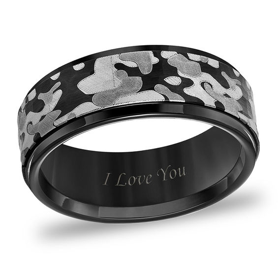 8.0mm Grey Camouflage Inlay Beveled Edge Wedding Band in Black Tungsten (1 Line)