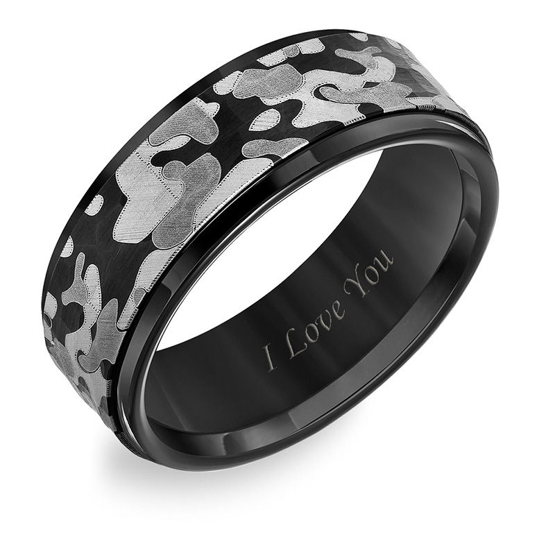 Men's 8.0mm Grey Camouflage Inlay Beveled Edge Wedding Band in Black Tungsten (1 Line)