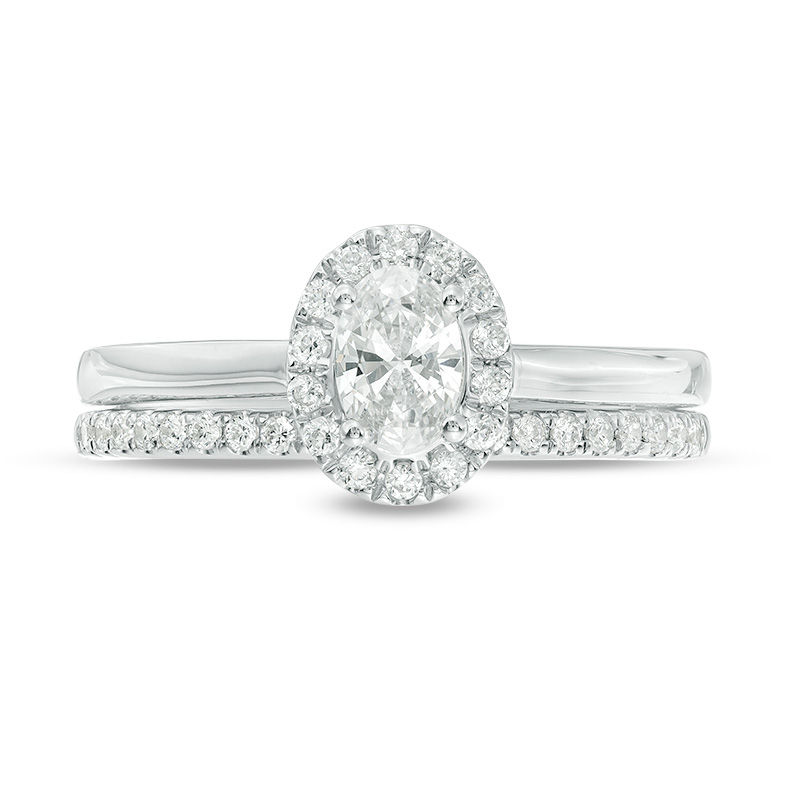 Main Image 4 of 3/4 CT. T.W. Oval Diamond Frame Bridal Set in 14K White Gold