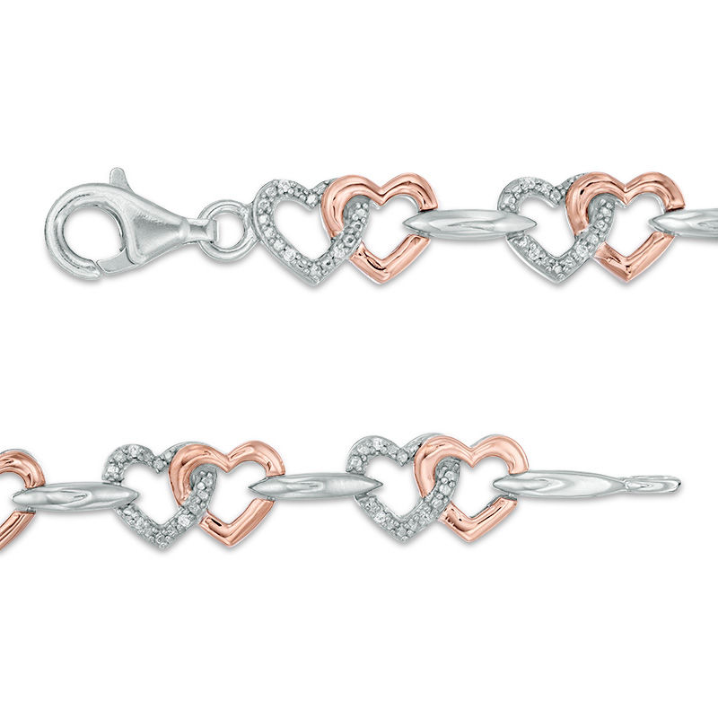 Main Image 2 of 1/10 CT. T.W. Diamond Interlocking Hearts Bracelet in Sterling Silver and 10K Rose Gold - 7.25"