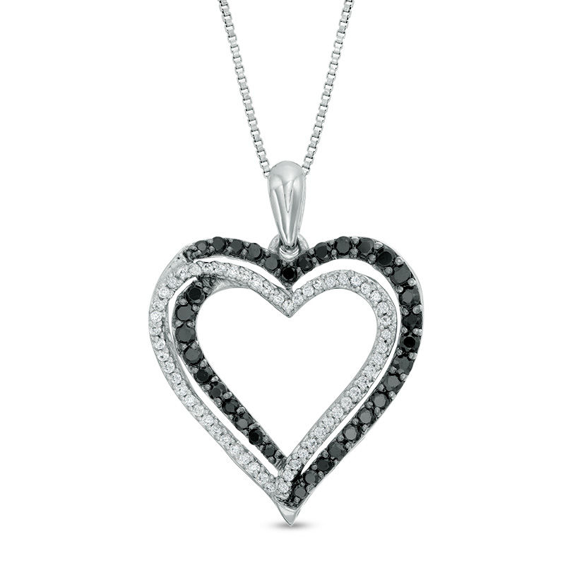 Main Image 1 of 1/2 CT. T.W. Enhanced Black and White Diamond Double Heart Pendant in Sterling Silver