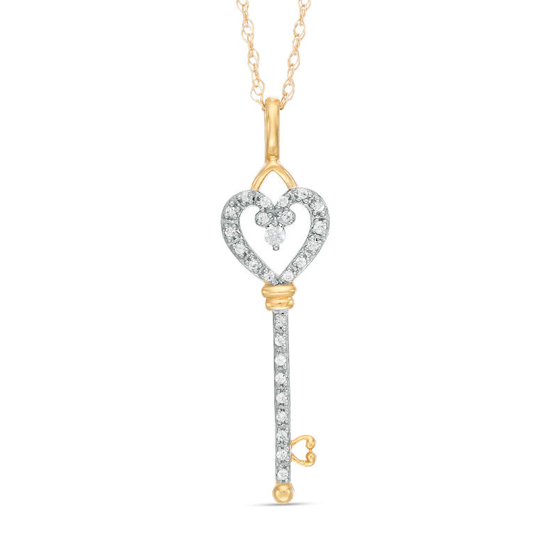 Main Image 1 of 1/10 CT. T.W. Diamond Heart-Top Key Pendant in 10K Gold