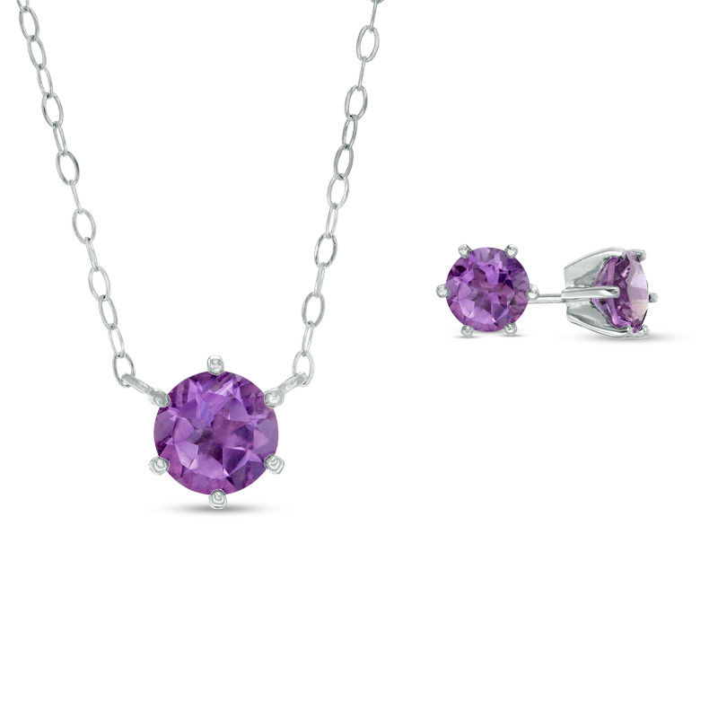 Main Image 1 of Amethyst Solitaire Necklace and Stud Earrings Set in Sterling Silver