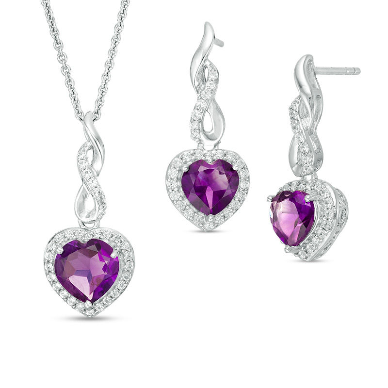 Heart-Shaped Amethyst and Lab-Created White Sapphire Infinity Drop Pendant and Earrings Set in Sterling Silver