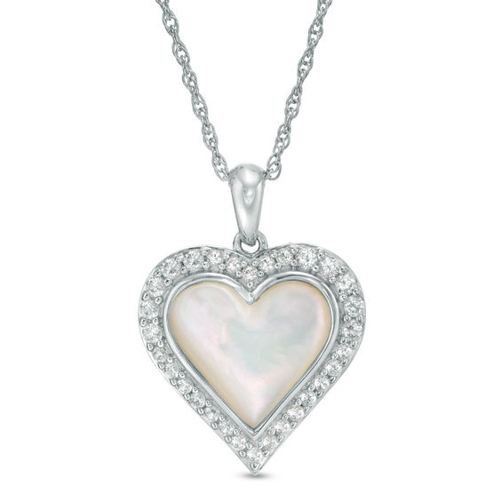 Mother-of-Pearl and Lab-Created White Sapphire Frame Heart Pendant in Sterling Silver