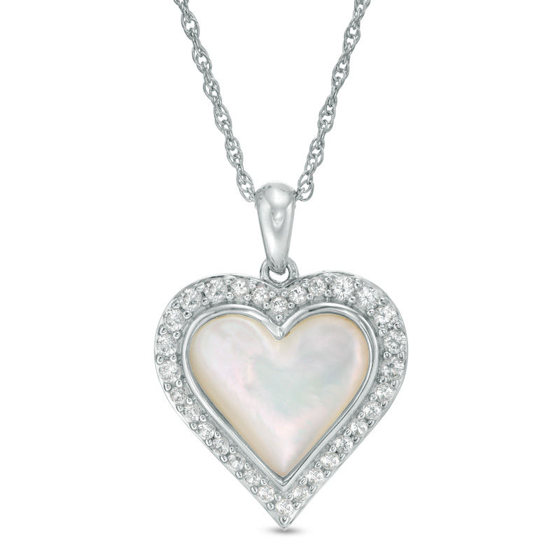 Main Image 1 of Mother-of-Pearl and Lab-Created White Sapphire Frame Heart Pendant in Sterling Silver