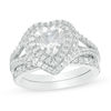 Thumbnail Image 1 of 7.0mm Heart-Shaped Lab-Created White Sapphire Frame Bypass Split Shank Bridal Set in Sterling Silver
