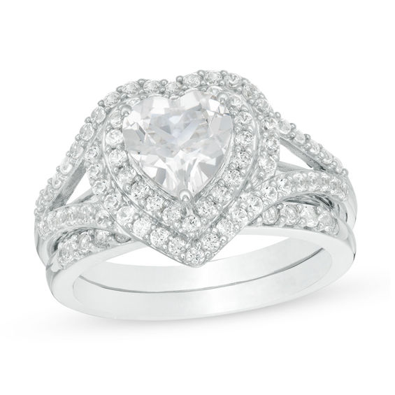 7.0mm Heart-Shaped Lab-Created White Sapphire Frame Bypass Split Shank Bridal Set in Sterling Silver