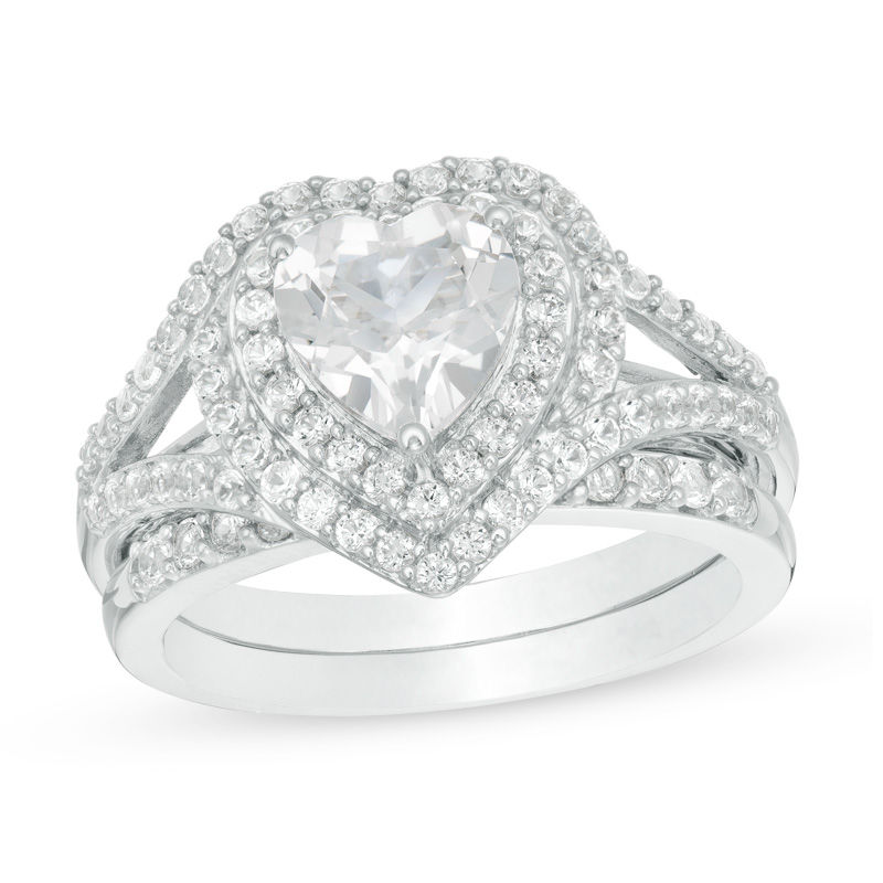 Main Image 1 of 7.0mm Heart-Shaped Lab-Created White Sapphire Frame Bypass Split Shank Bridal Set in Sterling Silver