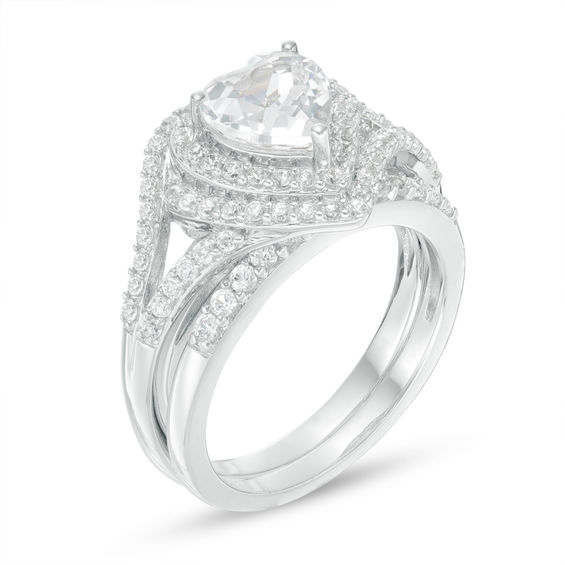 7.0mm Heart-Shaped Lab-Created White Sapphire Frame Bypass Split Shank Bridal Set in Sterling Silver