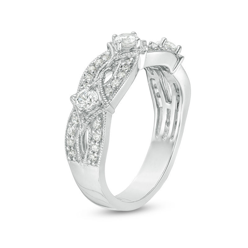 Main Image 2 of 1/2 CT. T.W. Diamond Three Stone Contour Vintage-Style Anniversary Band in 14K White Gold
