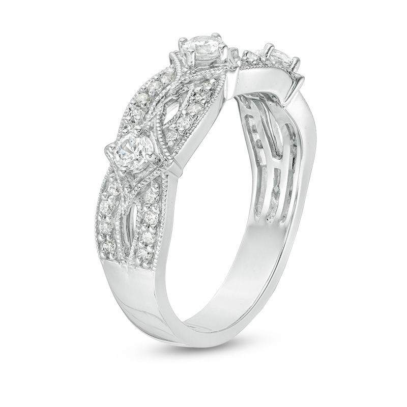 Main Image 3 of 1/2 CT. T.W. Diamond Three Stone Contour Vintage-Style Anniversary Band in 14K White Gold