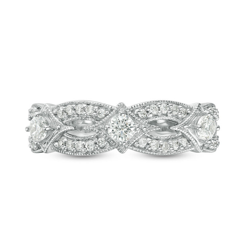 Main Image 4 of 1/2 CT. T.W. Diamond Three Stone Contour Vintage-Style Anniversary Band in 14K White Gold