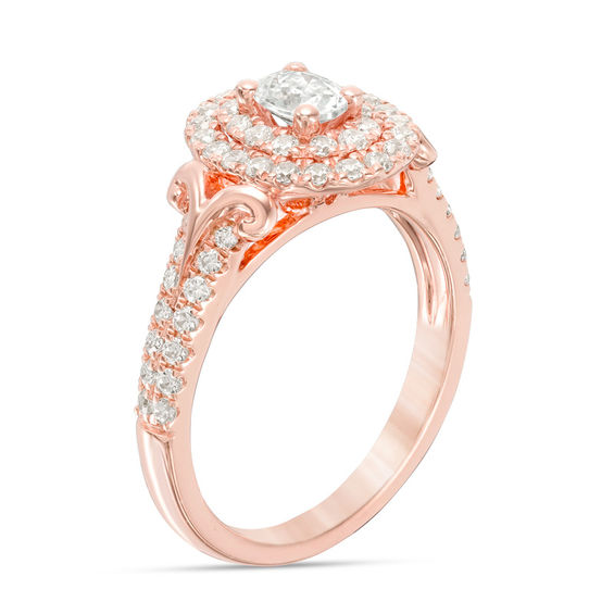 1 CT. T.w. Oval Diamond Double Frame V-Sides Engagement Ring in 14K Rose Gold