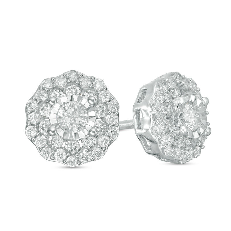Main Image 1 of 1/2 CT. T.W. Diamond Double Flower Frame Stud Earrings in 10K White Gold
