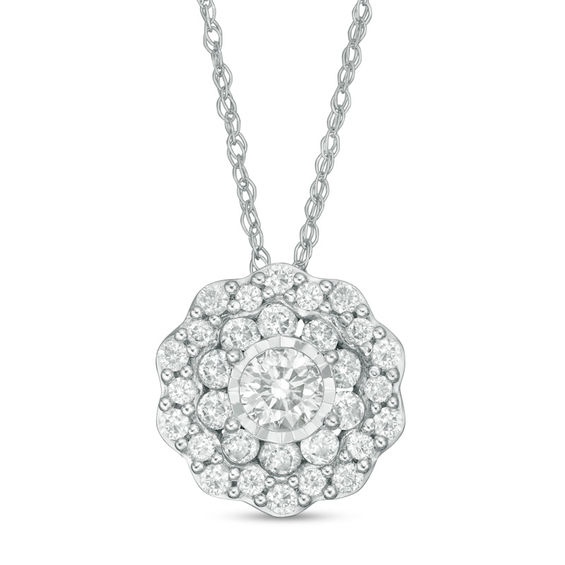1/2 CT. T.w. Diamond Double Flower Frame Pendant in 10K White Gold