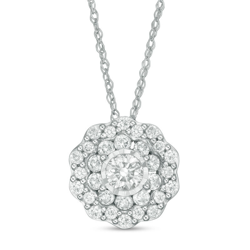 Main Image 1 of 1/2 CT. T.W. Diamond Double Flower Frame Pendant in 10K White Gold