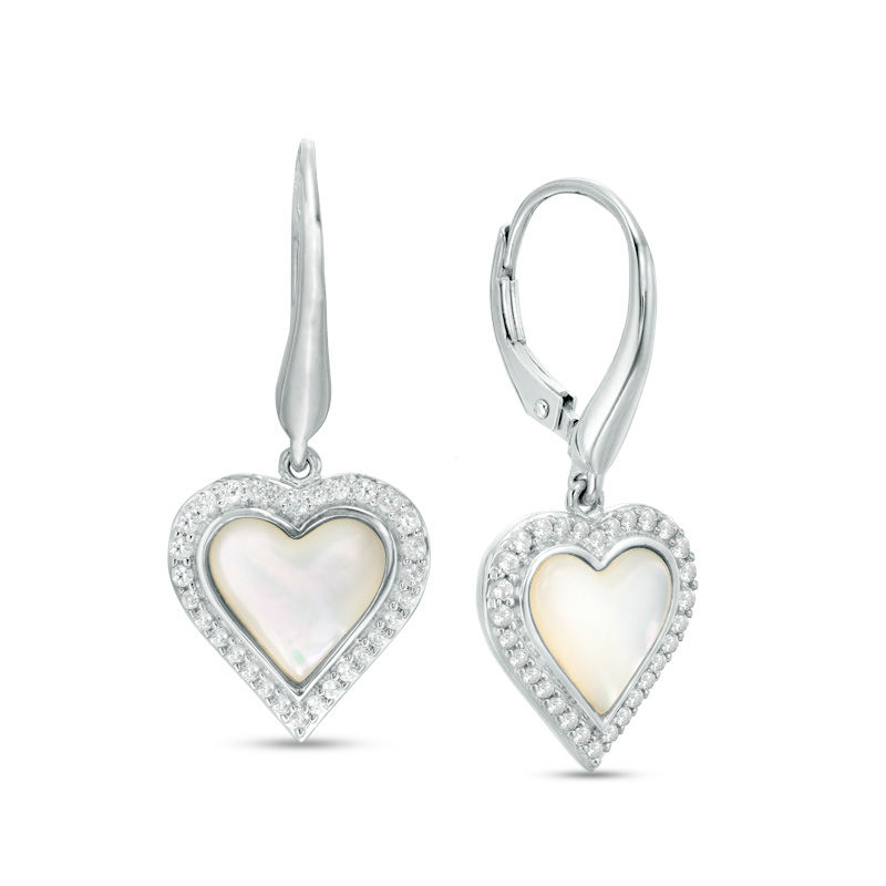 Mother-of-Pearl and Lab-Created White Sapphire Frame Heart Drop Earrings in Sterling Silver