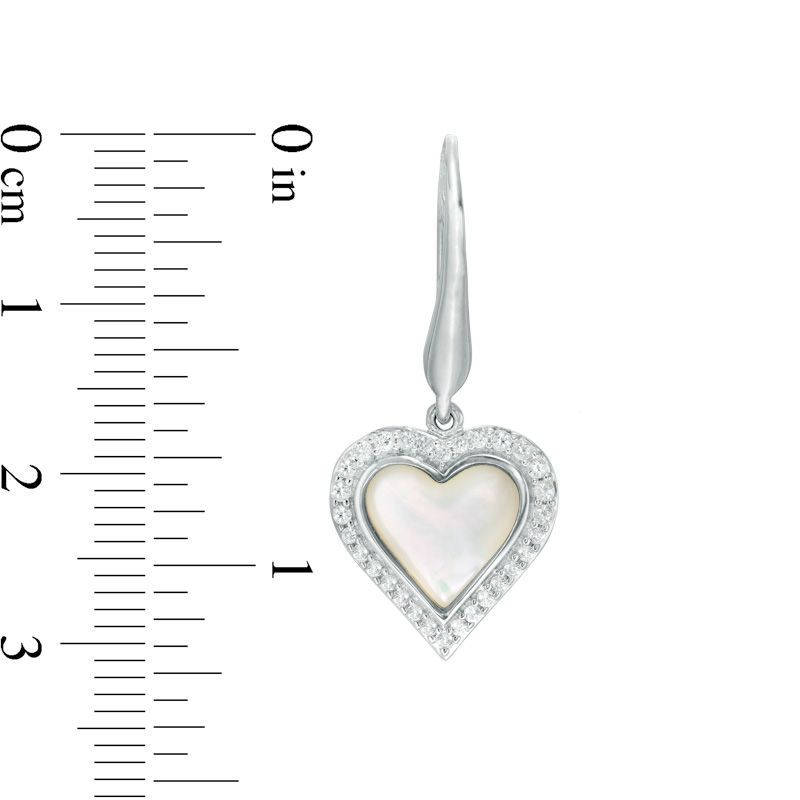 Mother-of-Pearl and Lab-Created White Sapphire Frame Heart Drop Earrings in Sterling Silver